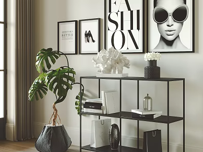Modern Shelf With Sculpture Books Vase Handbag In Living Room With Artwork And Green Plant 3d model