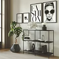 Modern Shelf With Sculpture Books Vase Handbag In Living Room With Artwork And Green Plant
