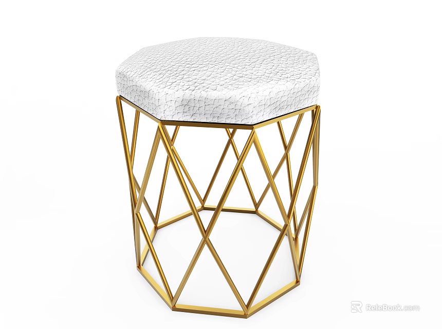 Modern Stylish Stool With White Textured Seat And Golden Geometric Frame 3d model 