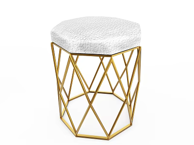 Modern Stylish Stool With White Textured Seat And Golden Geometric Frame 3d model