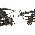 Ancient Siege Weapons With Wooden Frames Wheels Ropes And Mechanical Parts