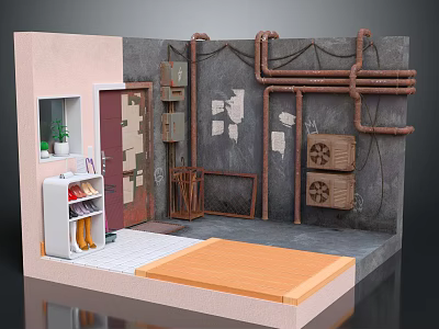 Industrial Style Interior Diorama With Pink Wall Red Door Exposed Pipes Shoe Rack And Plant 3d model