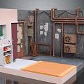 Industrial Style Interior Diorama With Pink Wall Red Door Exposed Pipes Shoe Rack And Plant