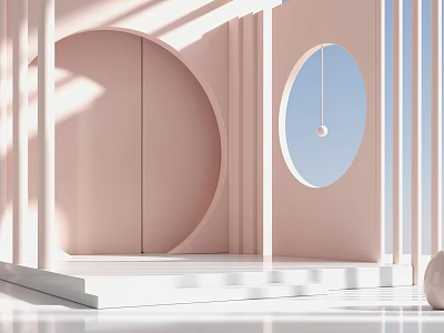 Landscape Sculpture In Pink Space With Circular Arch Round Window And White Steps Bright Lighting 3d model