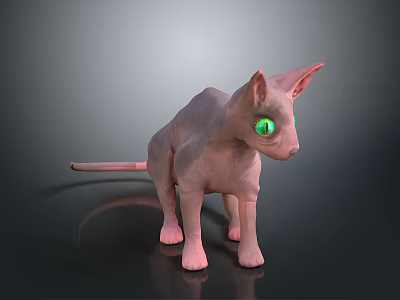 Hairless Sphynx Cat With Bright Green Eyes Standing On Dark Surface 3d model