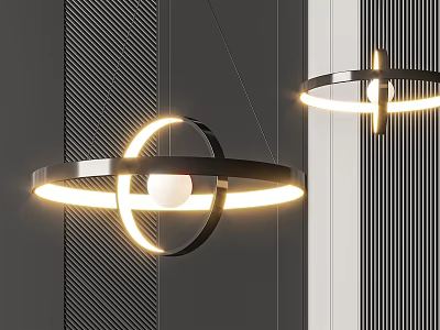Modern Circular Chandelier with Double Rings Metallic Frame and Central Glowing Bulb in Interior Decor 3d model