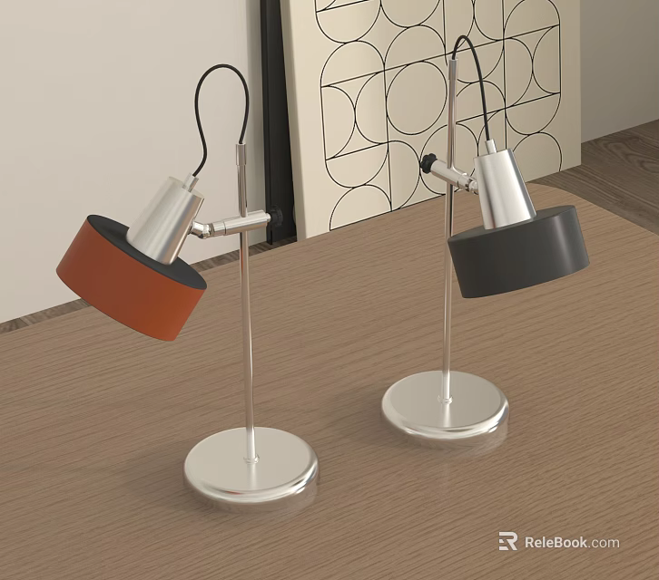 Two Modern Table Lamps With Orange Black Shades Silver Metal Poles On Wooden Table 3d model 