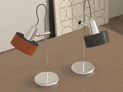 Two Modern Table Lamps With Orange Black Shades Silver Metal Poles On Wooden Table 3d model