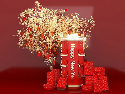 New Year Photo Check In Spot With Golden Tree Red Decorations Happy New Year Sign 3d model