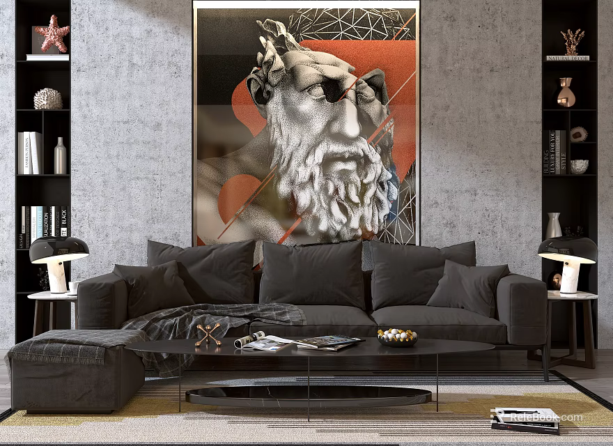 Modern Dark Gray Sofa and Coffee Table Combination With Abstract Painting Bookshelves and Floor Lamp 3d model 