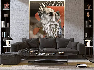 Modern Dark Gray Sofa and Coffee Table Combination With Abstract Painting Bookshelves and Floor Lamp 3d model