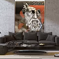 Modern Dark Gray Sofa and Coffee Table Combination With Abstract Painting Bookshelves and Floor Lamp