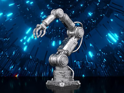 Futuristic Robotic Arm Photo Spot With Blue Glowing Lines And Tech Inspired Backdrop 3d model