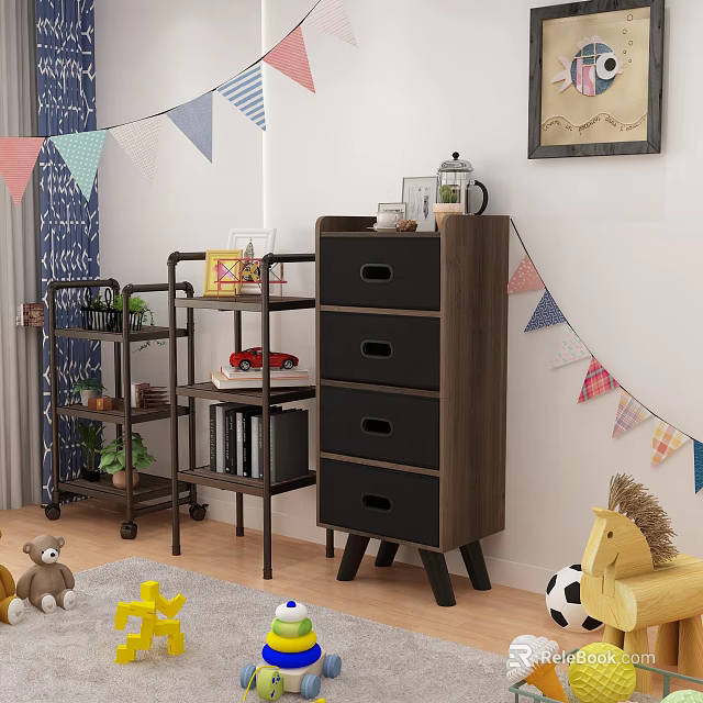 Wooden Chest of Drawers in Kids Playroom with Colorful Bunting Flags Toys Rug and Plant 3d model 