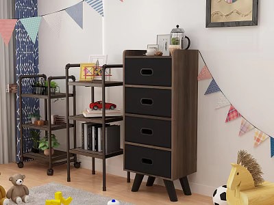 Wooden Chest of Drawers in Kids Playroom with Colorful Bunting Flags Toys Rug and Plant 3d model