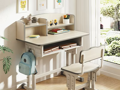 Bright Study Desk with Shelf Books Stationery Chair and Blue Backpack Near Window 3d model