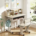 Bright Study Desk with Shelf Books Stationery Chair and Blue Backpack Near Window