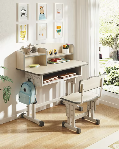 Bright Study Desk with Shelf Books Stationery Chair and Blue Backpack Near Window 3d model