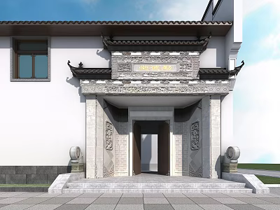 Traditional Chinese Entrance Gate With Carved Decorations Gray Tiles White Walls And Stone Eaves 3d model