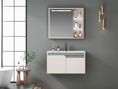 Modern Hotel Bathroom Interior Design With Wall Mounted Vanity Mirrored Cabinet And Hanging Lighting 3d model