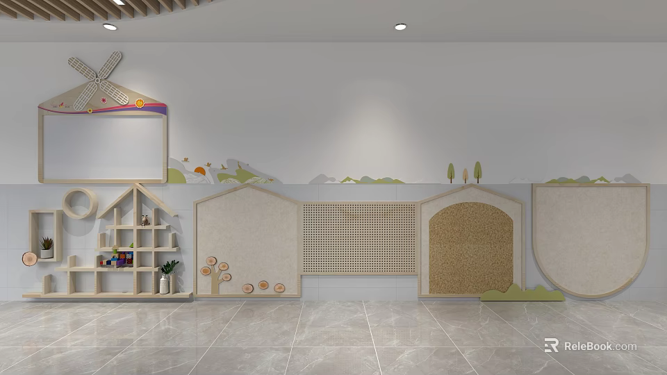 Kindergarten Interior With Creative Wall Design Shelves And Educational Toys For Children 3d model 