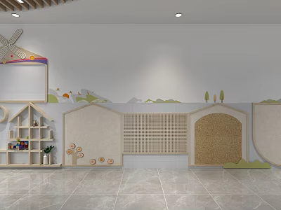 Kindergarten Interior With Creative Wall Design Shelves And Educational Toys For Children 3d model