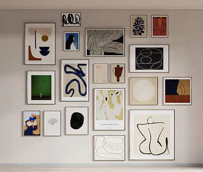 Various Abstract Artworks Hanging On White Wall With Different Styles 3d model