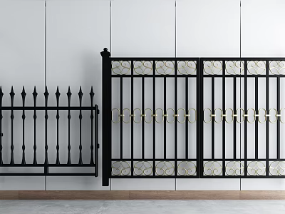 Black Iron Fence With Pointed Tops And Decorative Gate Featuring Gold Patterns Against White Wall 3d model