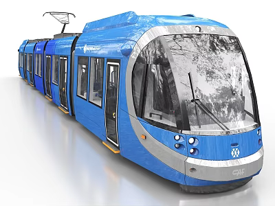Blue Modern Electric Tram With Sleek Exterior And Large Windows Design 3d model