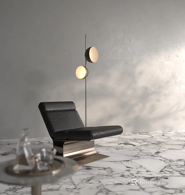 Modern Black Leather Leisure Chair With Metal Base And Wall Lamp On Marble Floor 3d model 