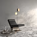 Modern Black Leather Leisure Chair With Metal Base And Wall Lamp On Marble Floor