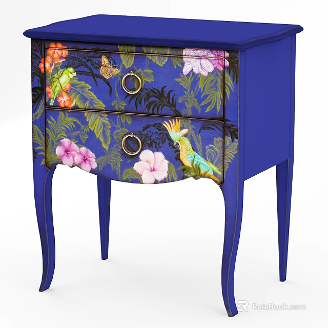 Blue Entryway Side Cabinet With Floral Parrot Patterns And Golden Handles 3d model 