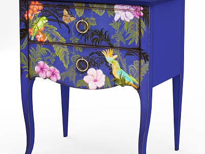 Blue Entryway Side Cabinet With Floral Parrot Patterns And Golden Handles 3d model