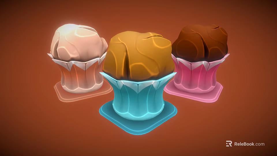 Three Different Colored Ice Creams in Colorful Paper Cups on Orange Background 3d model 