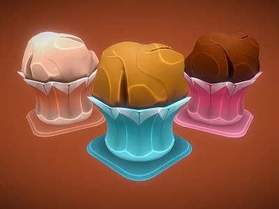Three Different Colored Ice Creams in Colorful Paper Cups on Orange Background 3d model