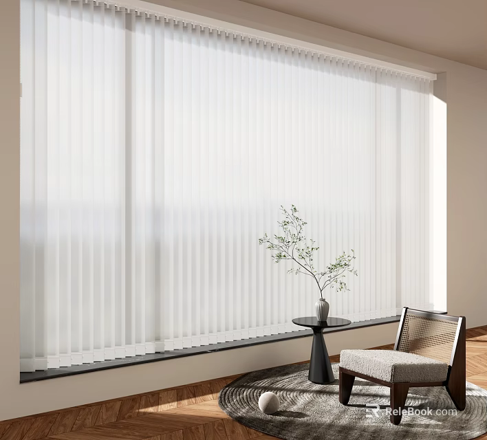 White Vertical Blinds On Window In Modern Living Area With Natural Light And Green Plant 3d model 