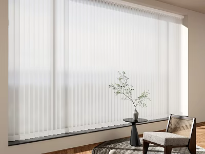 White Vertical Blinds On Window In Modern Living Area With Natural Light And Green Plant 3d model