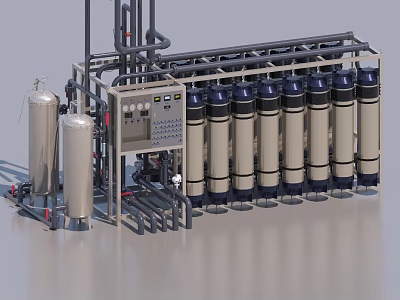 Industrial Water Treatment Equipment with Filtration Tanks Control Panel and Piping System 3d model