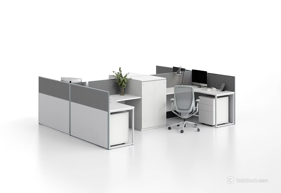 Modern Office Desk Workspace With Partition Ergonomic Chair Computer Monitor And Potted Plant 3d model 