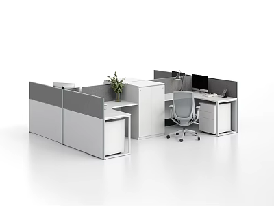 Modern Office Desk Workspace With Partition Ergonomic Chair Computer Monitor And Potted Plant 3d model
