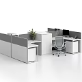 Modern Office Desk Workspace With Partition Ergonomic Chair Computer Monitor And Potted Plant