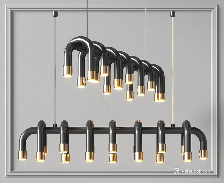 Modern Black Gold Curved Pipe Chandelier With Multiple Bulbs For Interior Decor 3d model