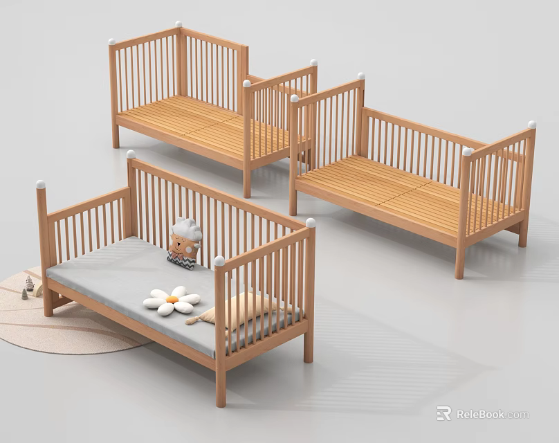 Wooden Kids Bed with Guardrails Light Wood Color Gray Mattress and Decorative Items 3d model 