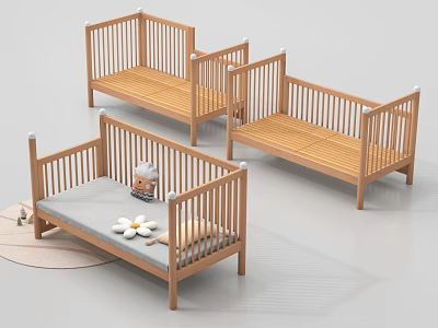 Wooden Kids Bed with Guardrails Light Wood Color Gray Mattress and Decorative Items 3d model