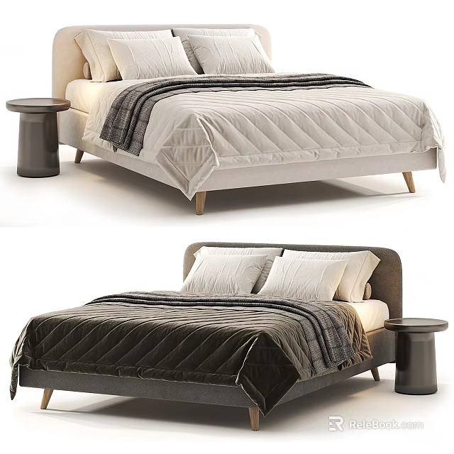 Modern Double Bed With Light Dark Striped Quilt Pillows And Round Bedside Table 3d model 
