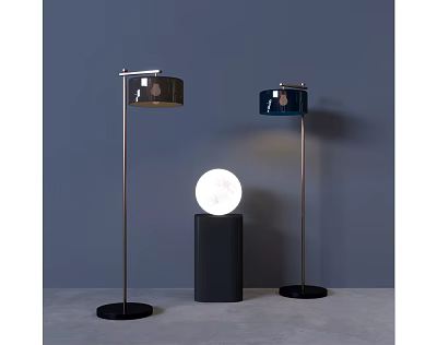 Two Modern Floor Lamps With Black Base And White Globe Light In Gray Background 3d model