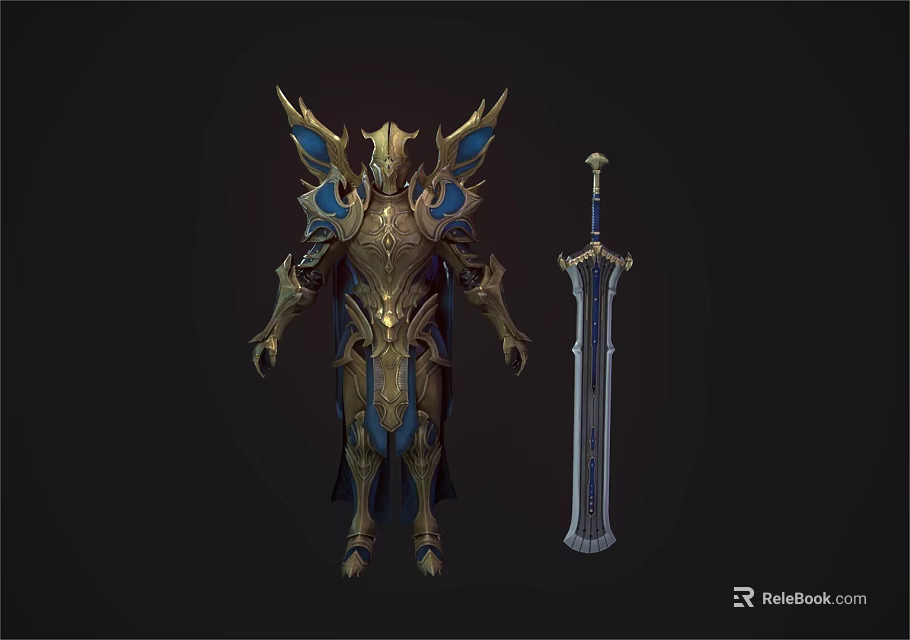 Mythical Game Character In Ornate Gold And Blue Armor With Winged Decorations And Long Sword 3d model 