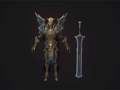 Mythical Game Character In Ornate Gold And Blue Armor With Winged Decorations And Long Sword 3d model