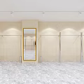 Clothing Store Display Area With Hangers Clothes White Reception Desk Light Colored Walls Marble Floor