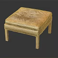 Modern Brown Leather Ottoman with Wooden Legs and Padded Seat